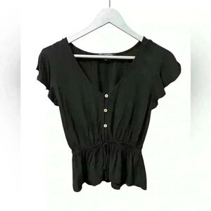 One Clothing Black Short Ruffle Sleeve Peplum Top XS